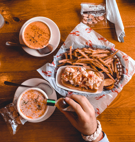 Lobster roll, clam chowder and Lobster bisque for lunch in Maine