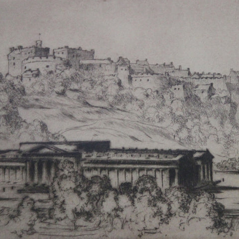 Etching of Edinburgh Castle and the Scottish National Art Gallery by Robert Houston (LEO Design)