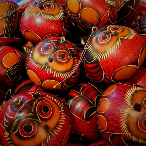 Peruvian Hand-Painted Pyrographic Gourd Owl Ornaments (LEO Design)