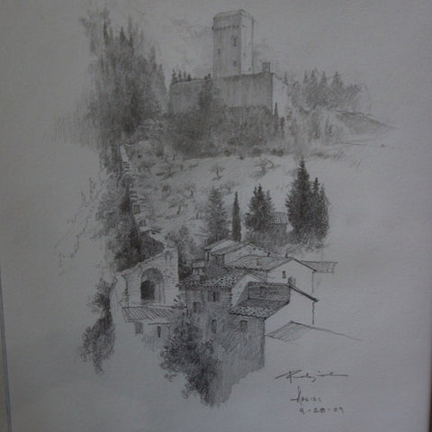 Pencil Sketch of Rocca Minore in Assisi by Robert Perdziola (LEO Design)