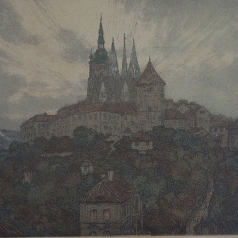 Etched Aquatint of "Sunset Over Hradčany" Prague by T. F. Šimon (LEO Design)
