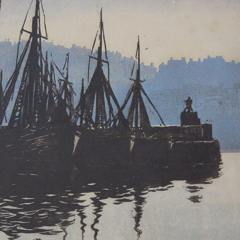 An English Woodcut Print of a Harbor Scene by Les James (LEO Design)