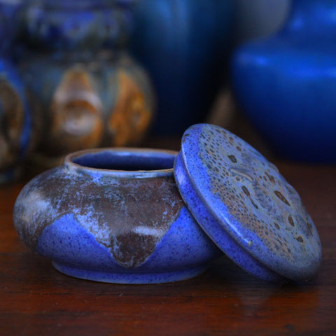 French Art Nouveau Ceramic Box with Organic, Dripping Blue Glaze (LEO Design)