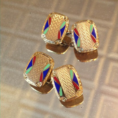 English Gold Cufflinks with Russian-Style Cloisonné Enameling