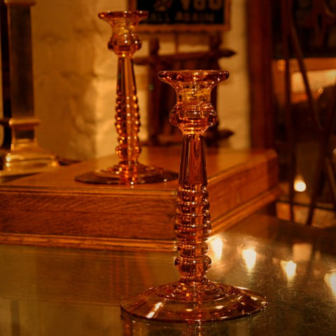 Pair of Amber Glass Candlesticks (LEO Design)