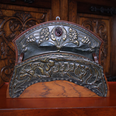 English Arts & Crafts Letter Rack with Brass Repoussé Mountings with Dragon and Glass Amethyst (LEO Design)