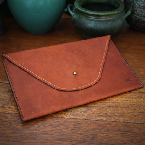 Rustic Hand-Stitched and Waxed Vegetable Dyed Leather Mini Portfolio (or Mini iPad Case) with Brass Stud Closure (LEO Design)