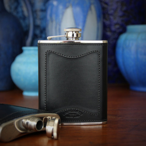 CC Filson Stainless Steel Hip Flask with Bridal Leather Wrap and Screw-Down Lid (LEO Design)