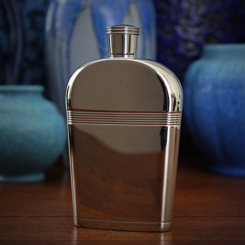Stainless Steel Art Deco Style Six Ounce Curved Hip Flask with Screw-Down Lid (LEO Design)