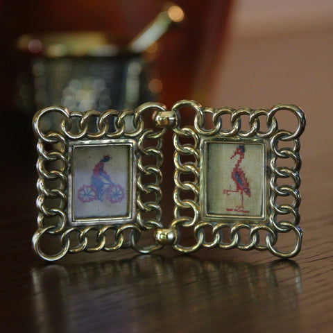 Victorian English Brass Chain Double Frame with Little Needlepoints (LEO Design)