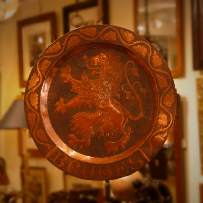 Belgian Art Nouveau Hand-Hammered Copper Charger with Rampant Lion (LEO Design)