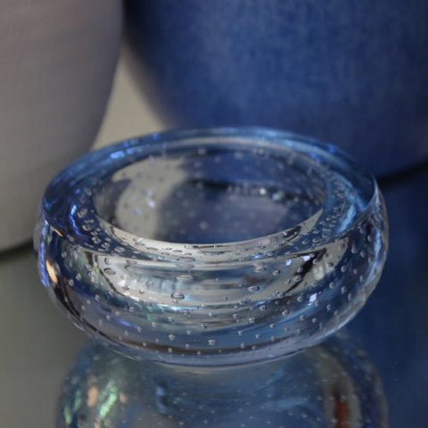 English Mid-Century "Controlled Bubble" Blue Glass Bowl by Whitefriars (LEO Design)