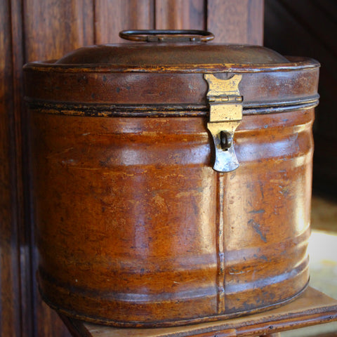 Victorian English Steel Hat Box with Brass Latch and Weathered Original Paint