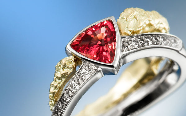 Personalized, custom made trillion cut ruby ring with diamonds