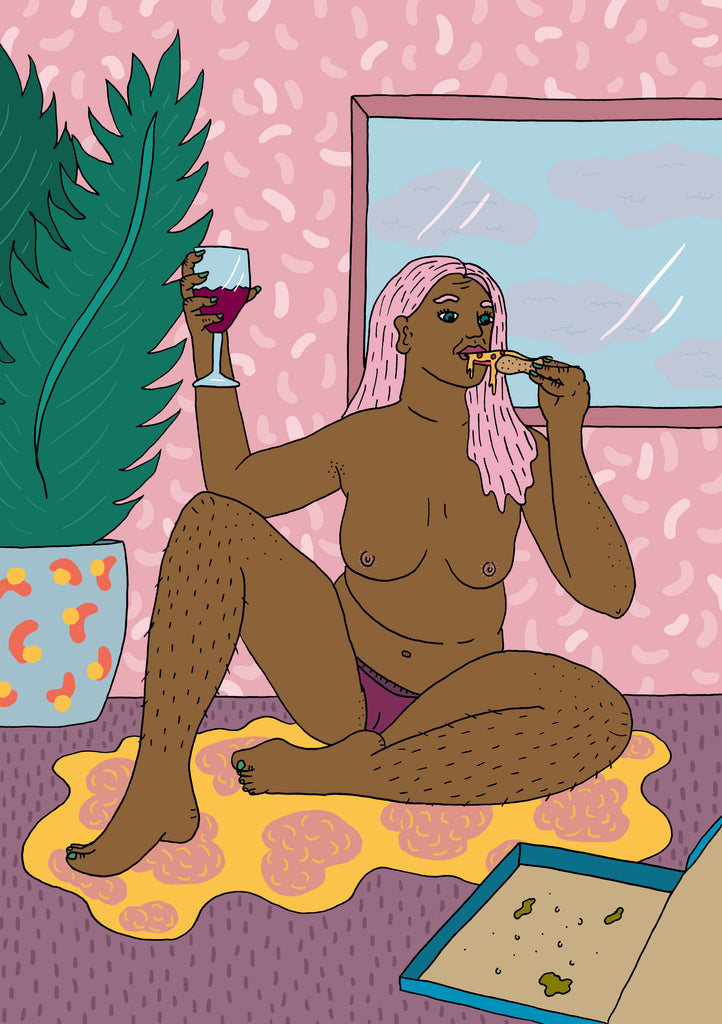 Cartoon Nude Woman. Drinking Wine and Eating Pizza