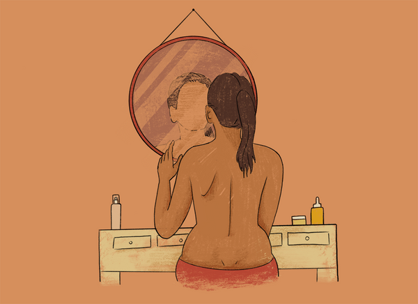 Illustration of faceless person looking at their reflection in the mirror