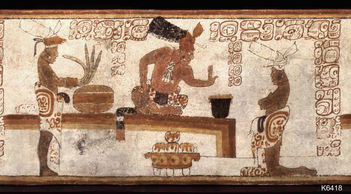 Incas and cacao beverage in scenes of court painted on ceramic vessels