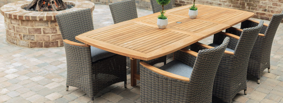 72"-96" Rectangular Family Expansion Teak Table with Helena Wicker Chairs in Black with White FER8_HEFWBL