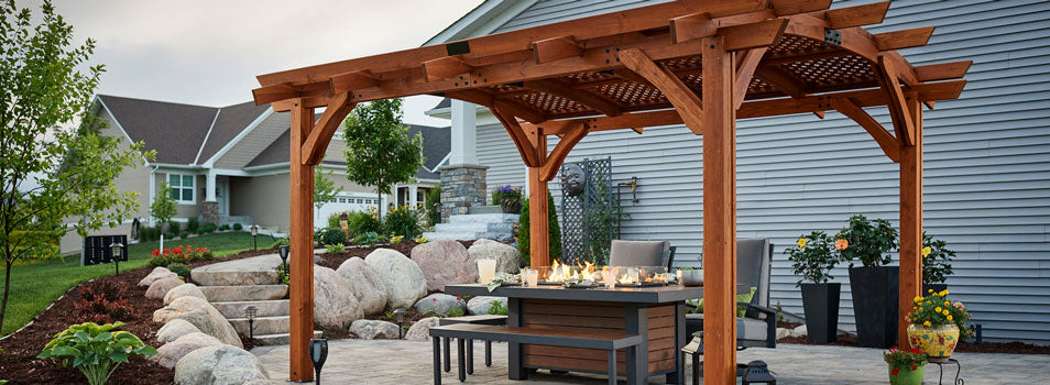 Sonoma Wood Pergola in Redwood with Kenwood Linear Dining Height Gas Fire Pit Table SONOMA1216-R_KW-1242-K
