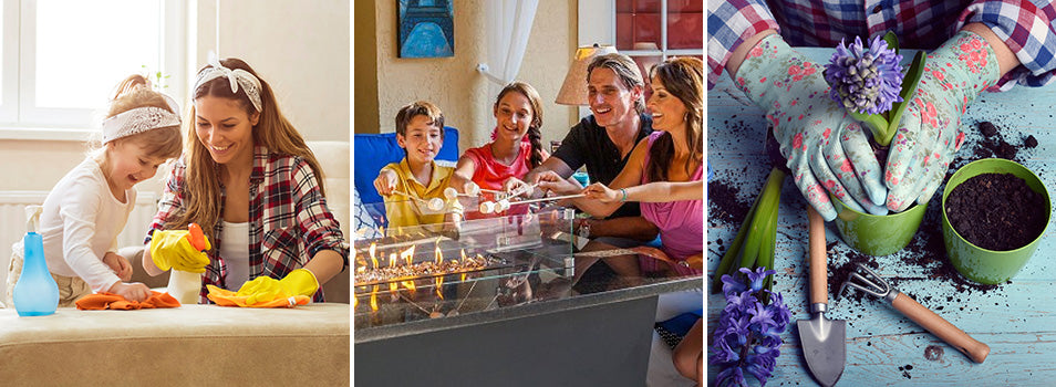 three images stiched into one image. Left image: Mother and Daughter cleaning furniture, Middle image: family around a fire table roasting marshmallows, Right image: person packing in a green planter with a plant and tools are on the table.