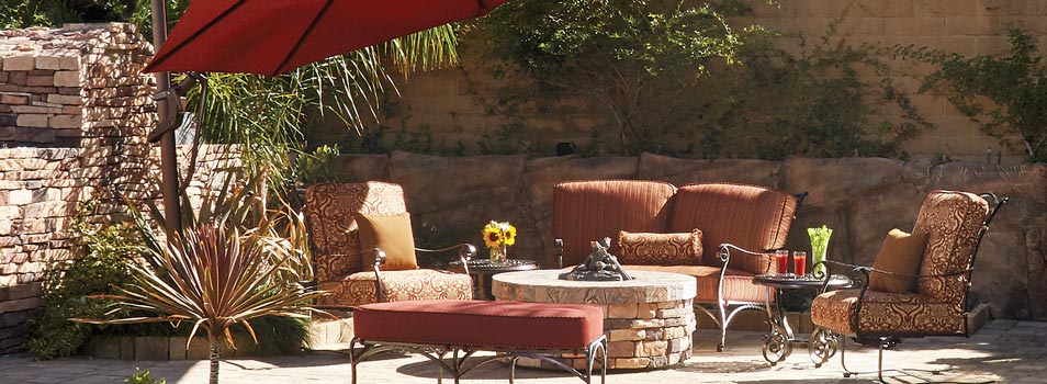 OW Lee San Cristobal Love Seat, OW Lee San Cristobal Spring Base Lounge Chair, and Treasure Garden Umbrella