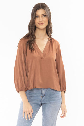 Intuitive Rust Washer Satin V Neck Mid Sleeve Top