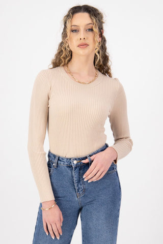 Radiant Cream LS Rib Knit Crew Neck Top