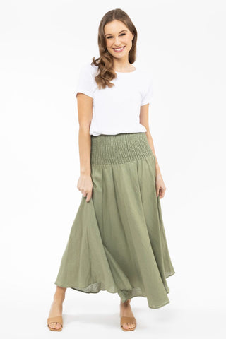 Dazzling Sage Linen Shirred Waist Maxi Skirt