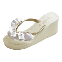 women's white ruffle high wedge sandal