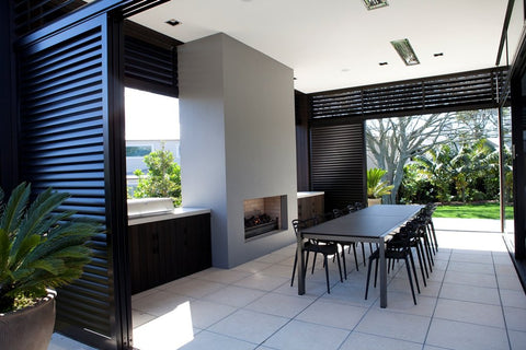 outdoor dining set for large group and outdoor fireplace