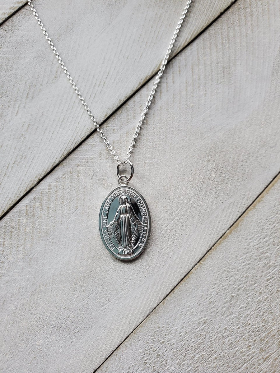 1 1/8 Inch Sterling Silver O Mary Pray for Us Miraculous Medal Pendant 