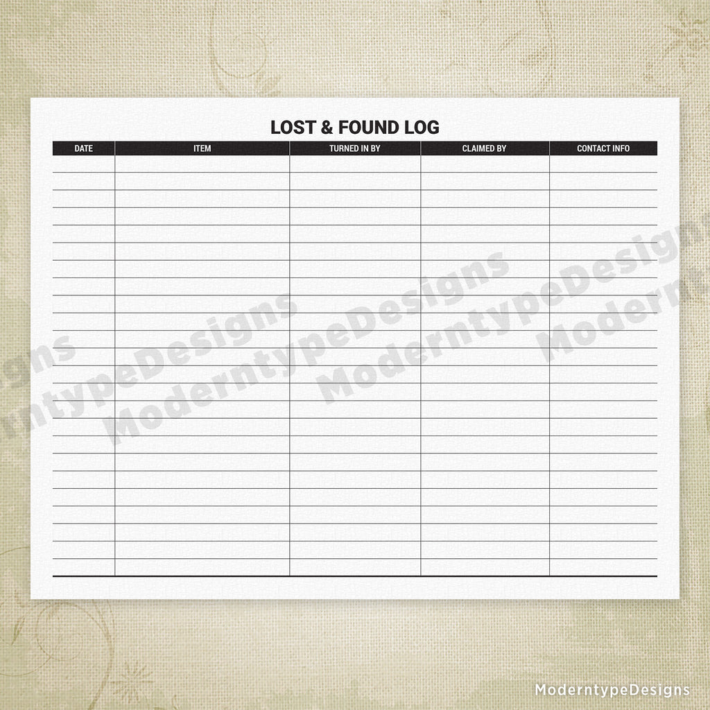 Lost and Found Log Printable Moderntype Designs