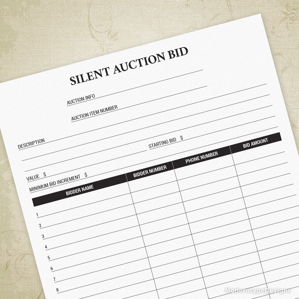 Silent Auction Bid Sheet Printable (editable) Moderntype Designs