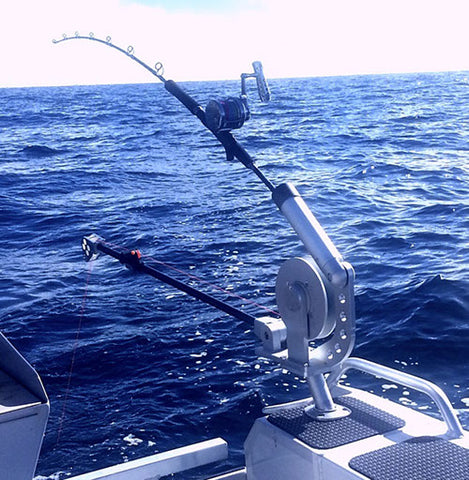 rod set up with downrigger off back of boat