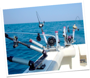 A multiple fishing rod set up at the back of boat