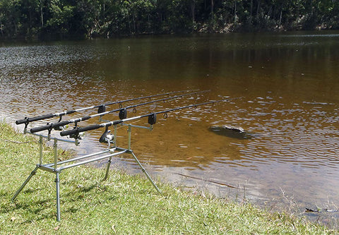 The collapsible rod pod set up on the bank 