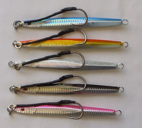 The five colours of Downrigger Shop 100 Gram Knife Jigs