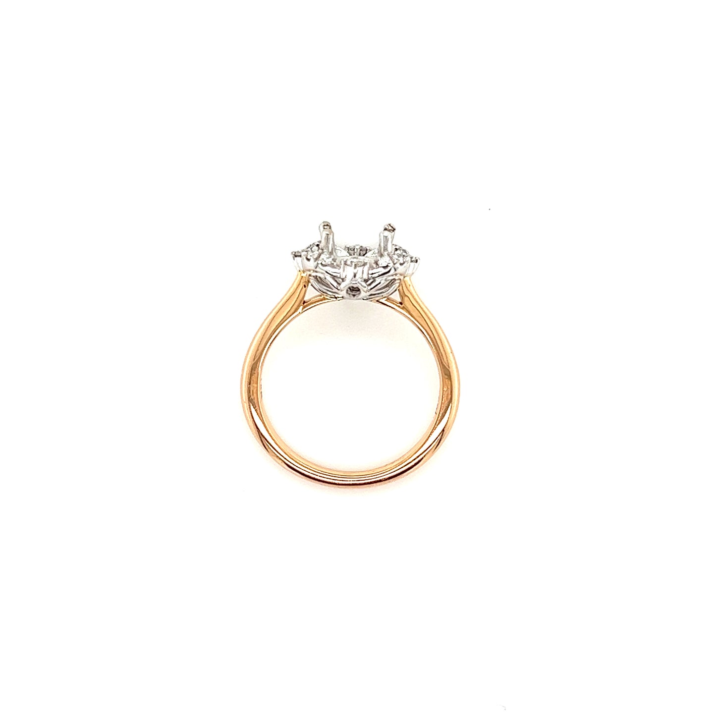 Floral Engagement Ring Setting with Cushion Diamond Halo in 18K Rose and White Gold Top View