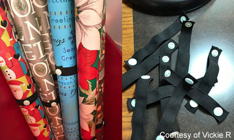 Holiday Wrapping Paper Ties with KAM no-sew button fasteners
