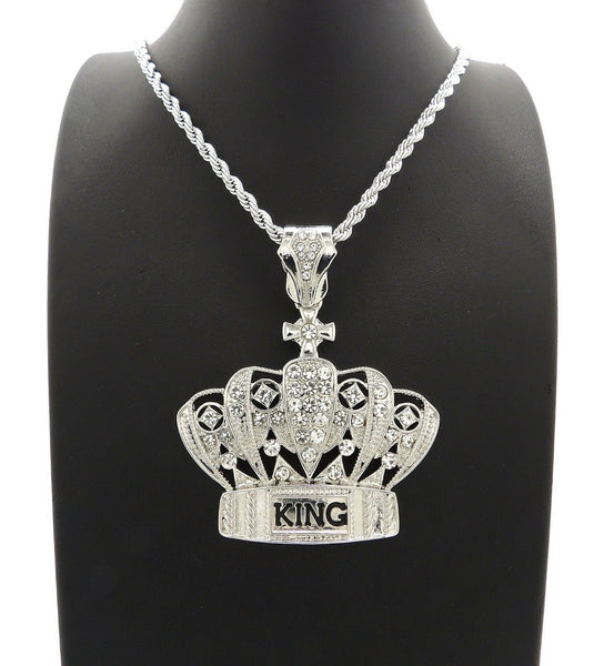 HIP HOP ICED OUT SILVER PT CROWNED KING PENDANT & 4mm 24" ROPE CHAIN N