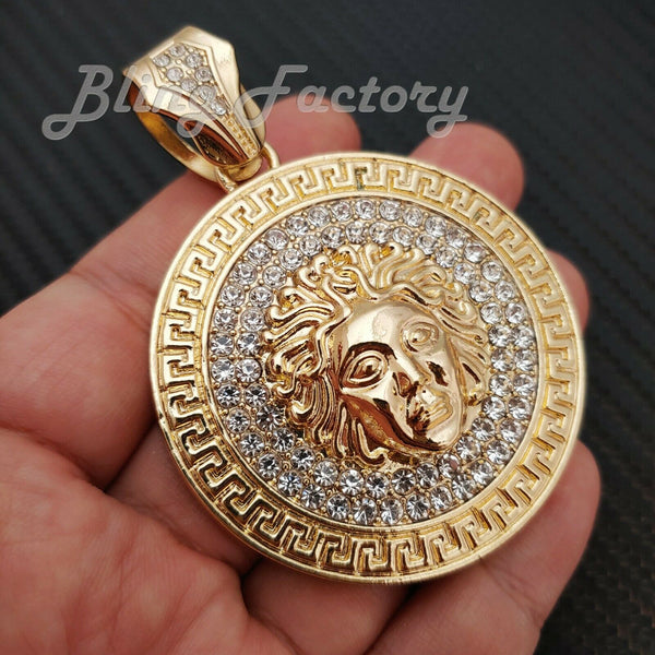 White Gold Plated Medusa Medal Pendant & 12mm 16 18 Full Iced Choker Bust Down Chain Hip Hop Necklace