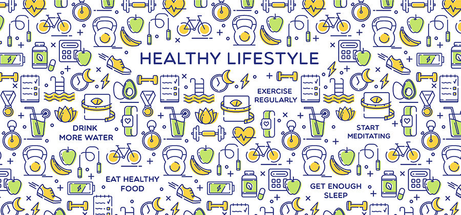 Colorful illustration of different aspects of a healthy lifestyle