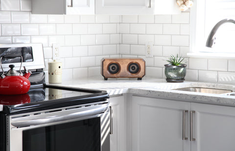 Riverwood Acoustics Walnut finish in kitchen