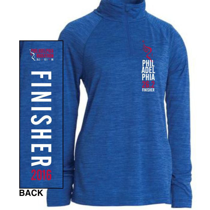 Philadelphia Marathon: 'Finisher 26.2' Women's Space Dye 1/4 Zip Tech Pullover - Royal - by Charles River