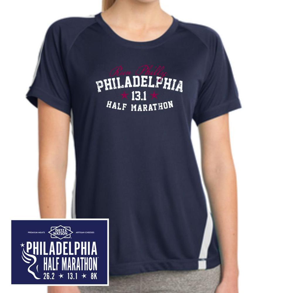 Philadelphia Marathon: 'Collegiate Half Marathon' Women's SS Tech Tee - Navy / White - by Sanmar