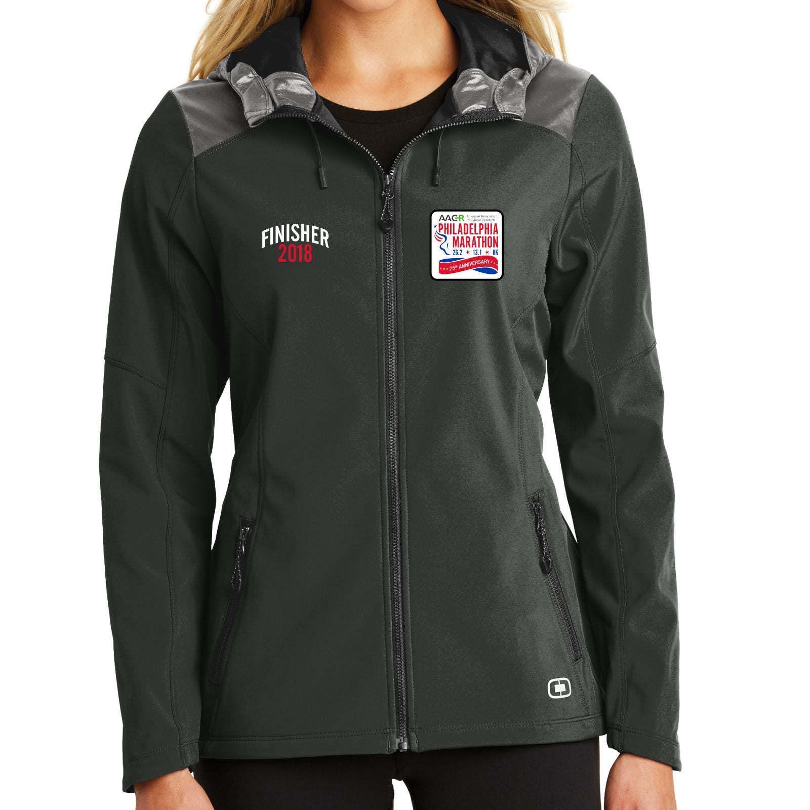 Dietz & Watson Philadelphia Half Marathon: 'Finisher LCE 25th Anniversary' Women's Soft-Shell Hooded Full Zip Jacket - Black