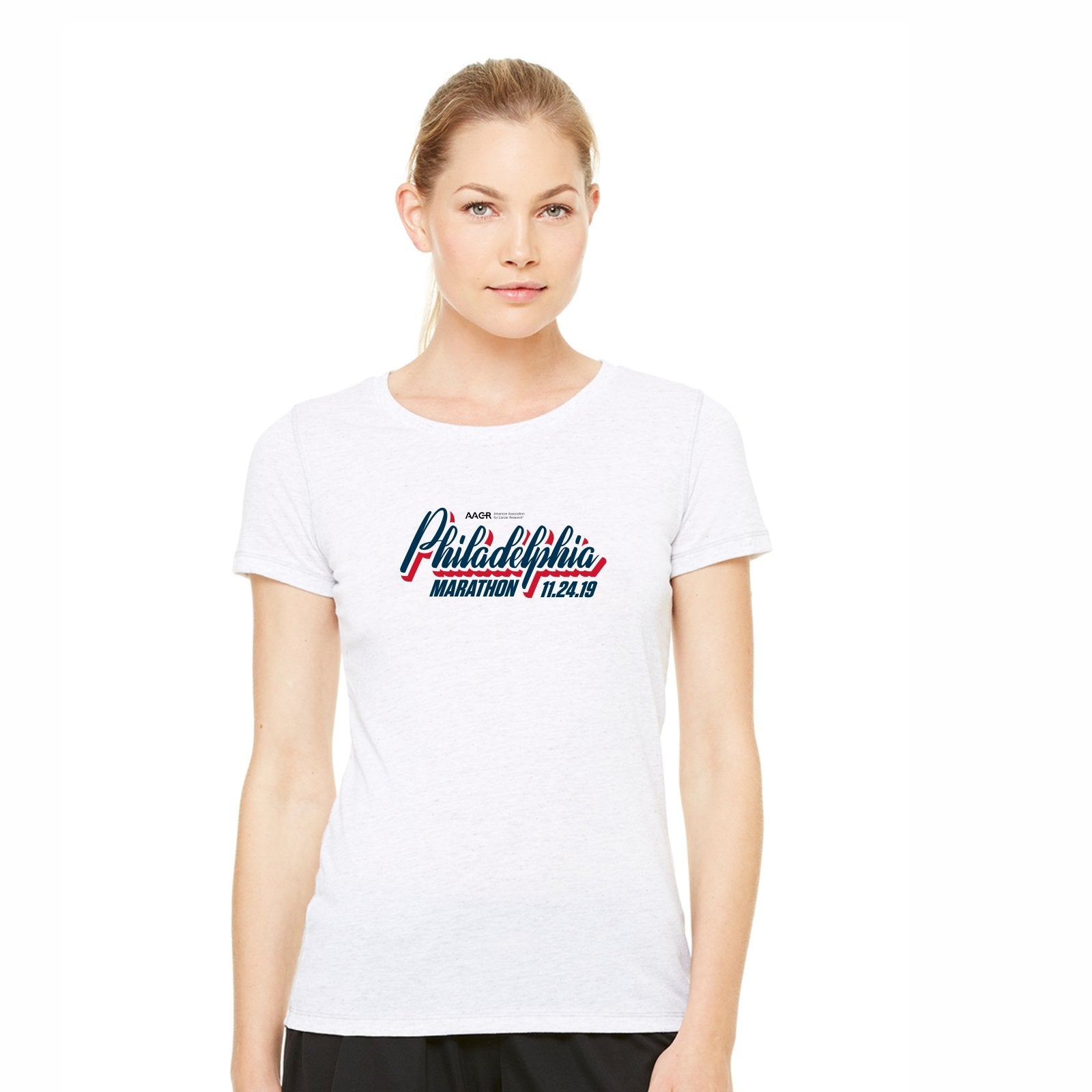 Women's SS Triblend Tee -White Heather 'AACR 2019 Course Design' - AACR Philadelphia Marathon