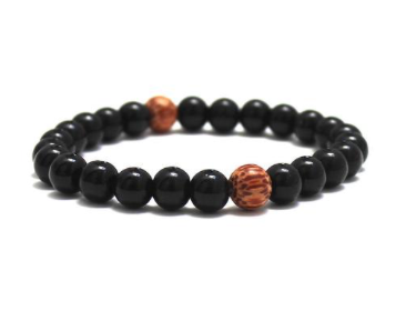 Coconut palm wood beads and black onyx stones stretch bracelet 