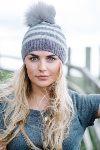 The Knitter's Yarn striped beanie knitted in Mrs Moon Plump DK