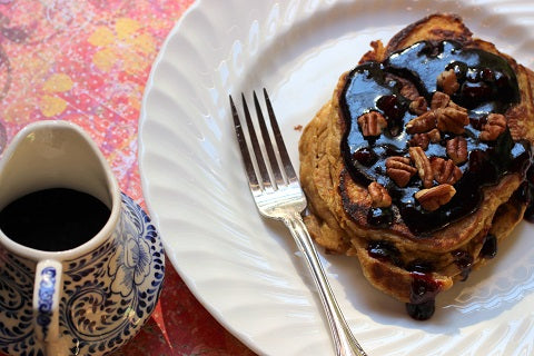 Sweet Potato Pancakes with Elderberry Ginger Pecan Jam